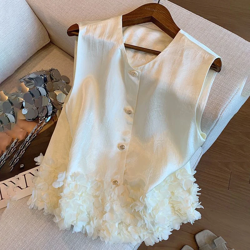 

Premium acetic acid satin sleeveless top women's new design sense fashion temperament hem three-dimensional petal vest