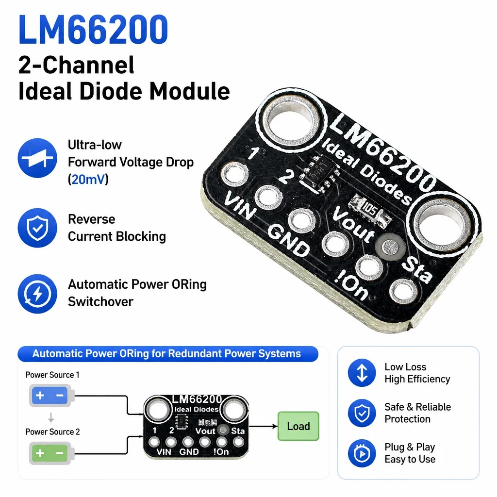2-Channel Ideal Diode Module LM66200 Power ORing Auto Switching,Reverse Current Blocking,20mV Ultra-Low Forward Voltage Drop 2A