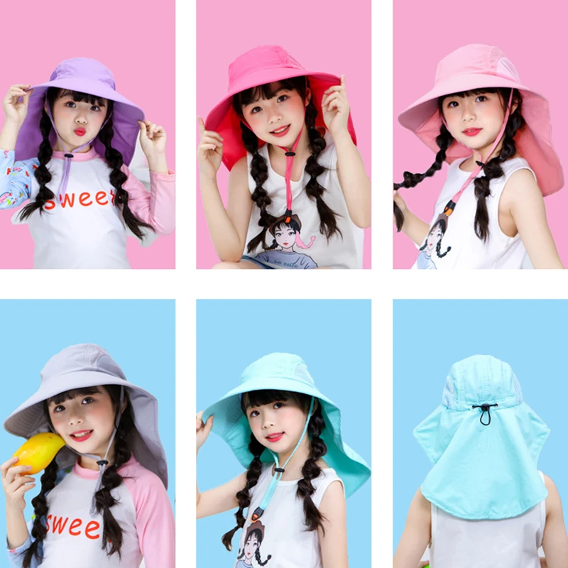 Summer Boys Girls Sun Bucket Hat with Shawl Mesh UV Protection Kids Fisherman Hat with Windproof Rope