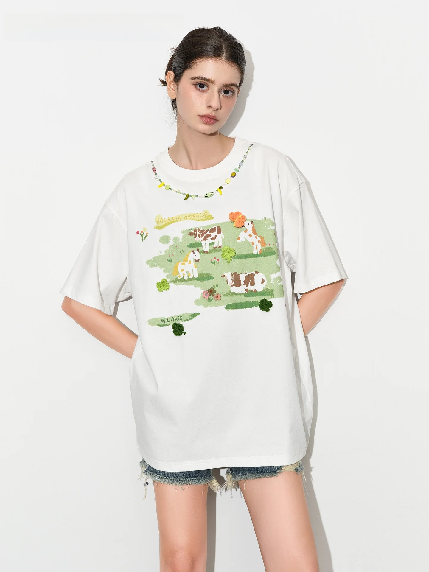 Camiseta Valeria ObbacoVO Blanca de Cuello Redondo y Manga Corta, Verano 2026, Nuevo Estampado, Estilo Casual, Tela de Algodón, Diseño Animal