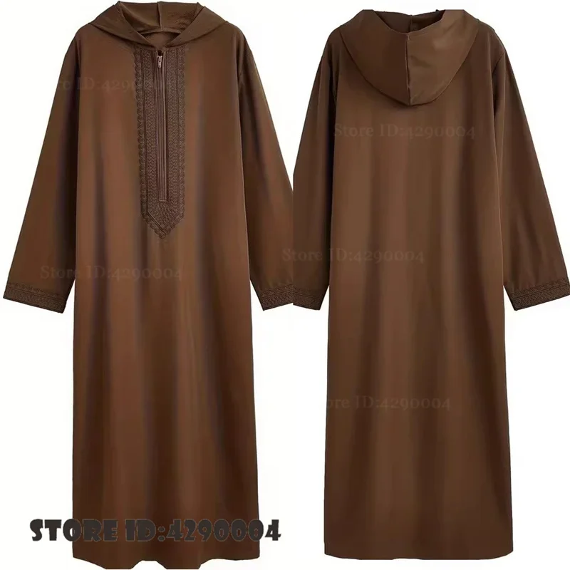 Men's Jubba Thobe Gown Plus Size Hooded Moroccan Long Robe Kimono Luxury Men's Embroidered Abaya Kaftan Middle East Outfit