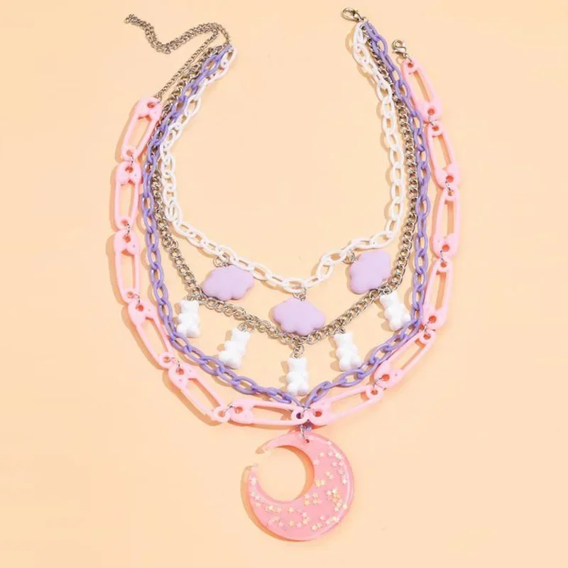 Hip Hop Punk Sweet Pink Acrylic Moon Cloud Bear Pendant Necklaces for Women Party Fashion Vintage Pins Multilayer Choker Jewelry