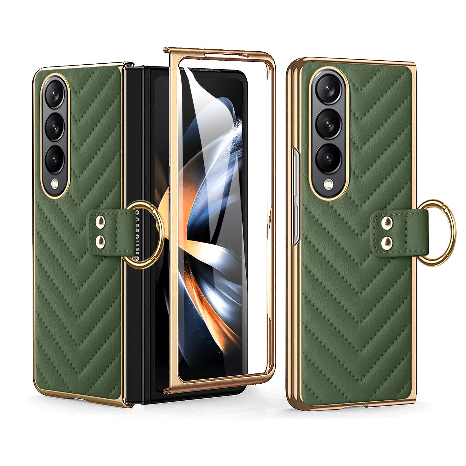 Leather Ring Case For Samsung Galaxy Z Fold 5 4 3 ZFold5 Fold4 Fold3 Cover with Tempered screen Film shockproof Kickstand Cases