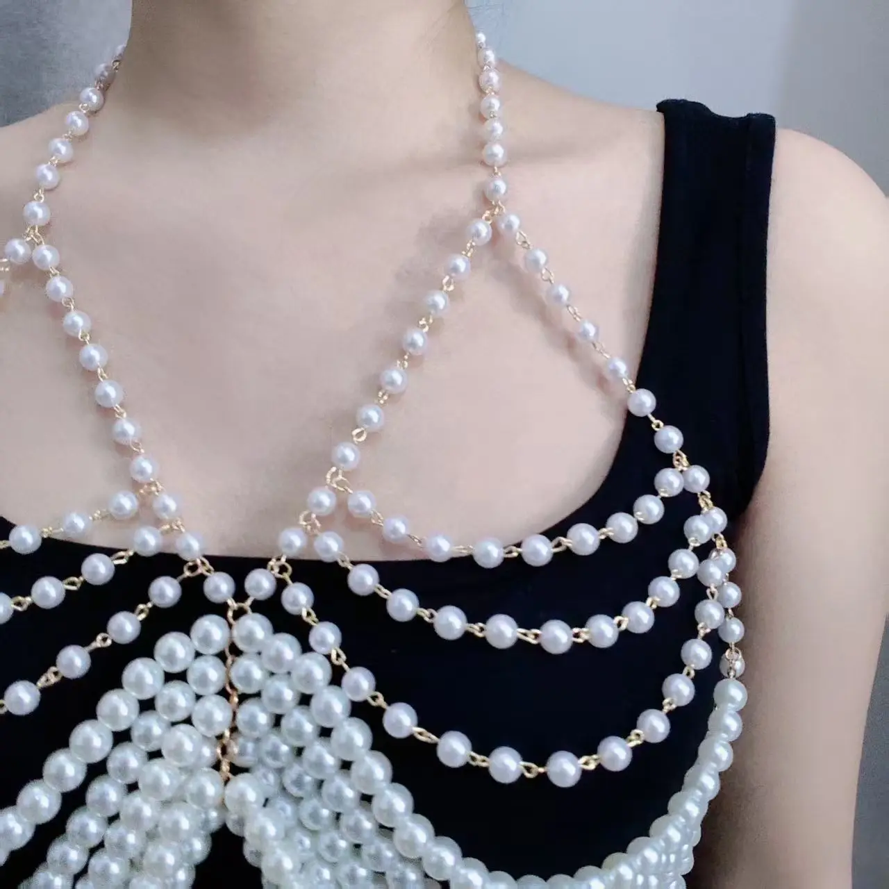 Chic Symmetrical Loop Pattern Bright White Contrast Halter Neck Support Framework Layered Statement Body Overlay Jewelry