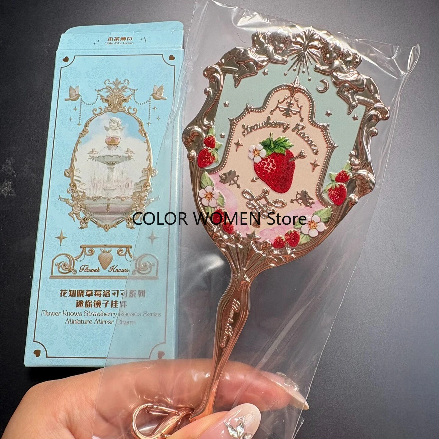 Flower Knows Strawberry Rococo Mini Mirror Pendant Handheld Mirror Limited White Blue Pink Fairy Mirrors Tool