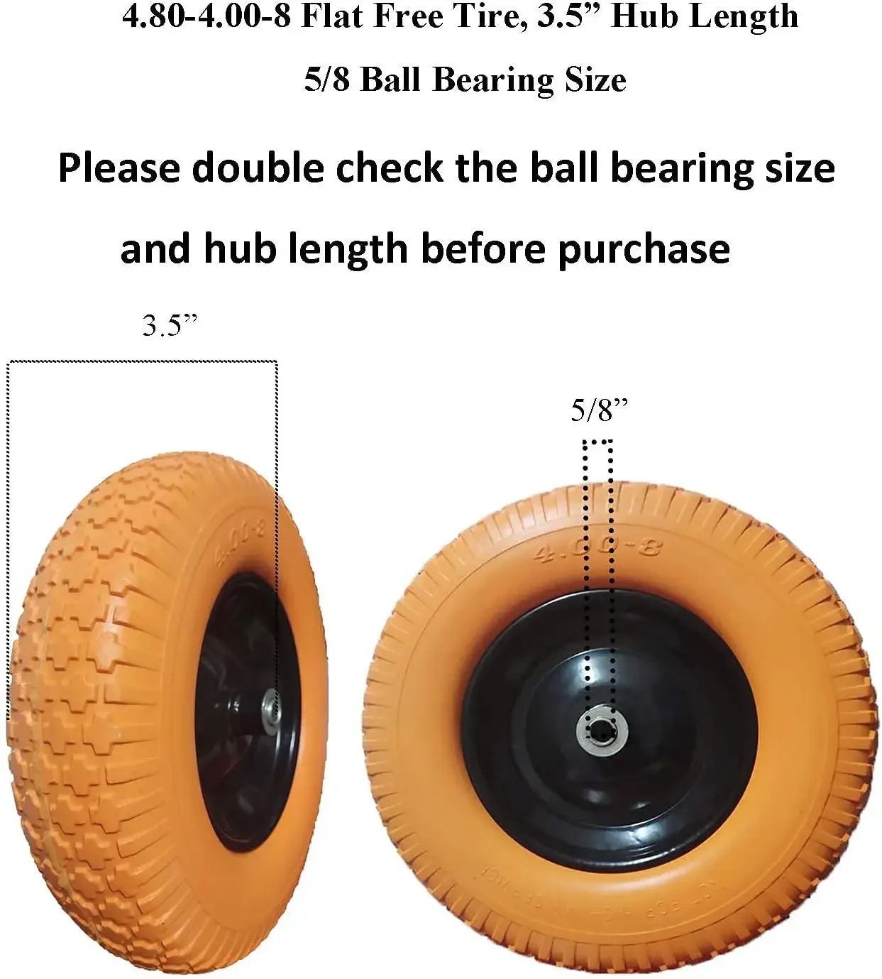Wheelbarrow Tires 4.80/4.00-8 with 3/4 & 5/8 Bearings, 3.5