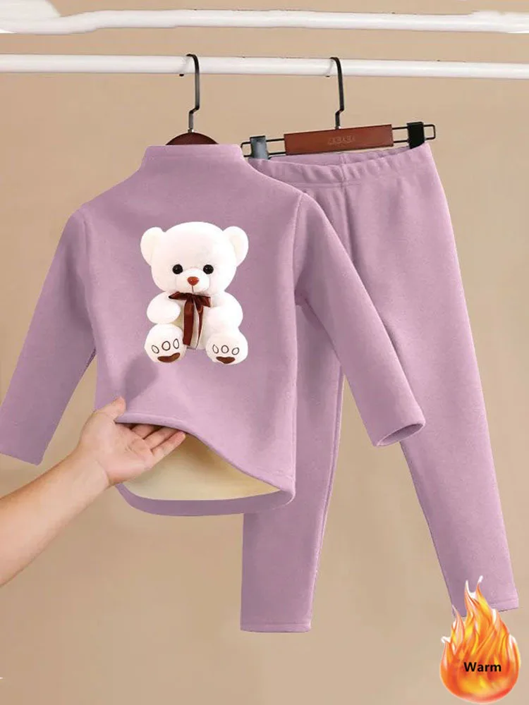 Children Velveteen Underwear Suit Winter Warm Bear Print Long Sleeve Tops Conjuntos Boys/Girls Leggings Pants 2 Piece Sets