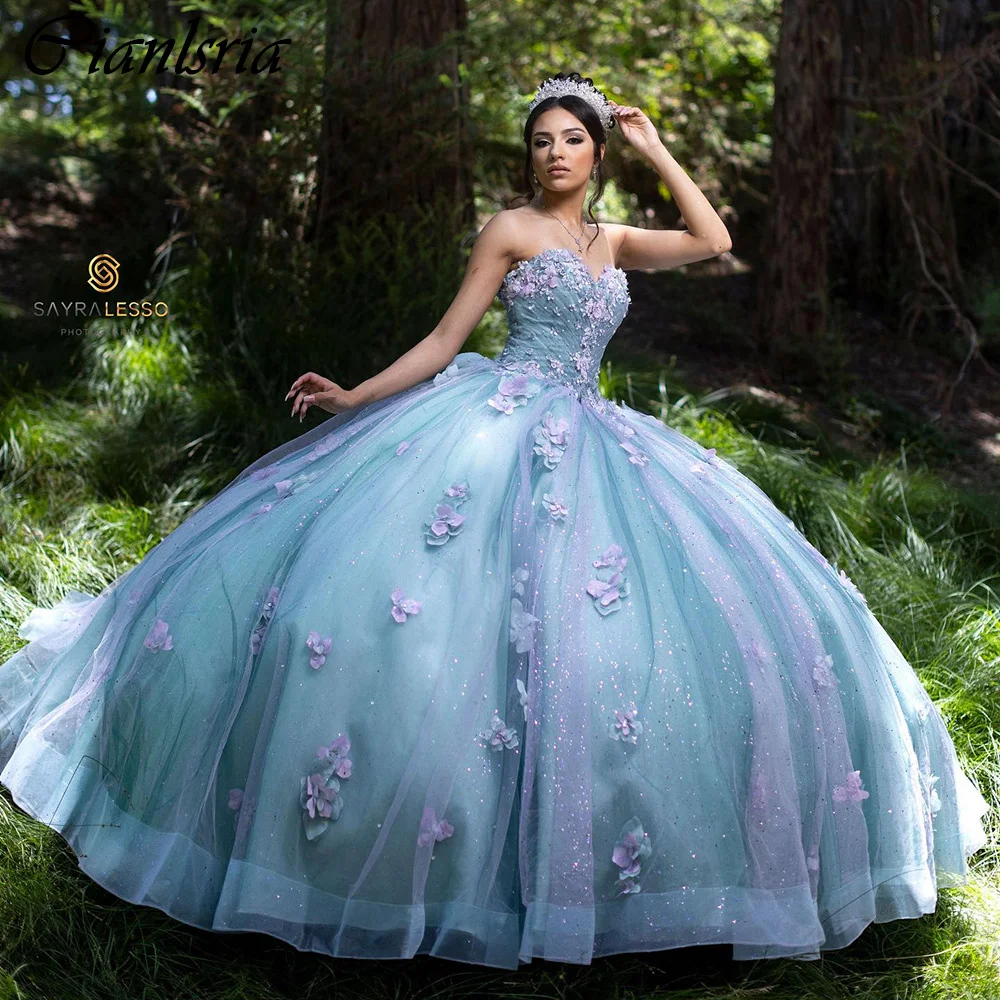 Vestido De baile De quinceañera con manga desmontable, hombros descubiertos, corsé plisado con flores en 3D, color azul humo, 15 Años