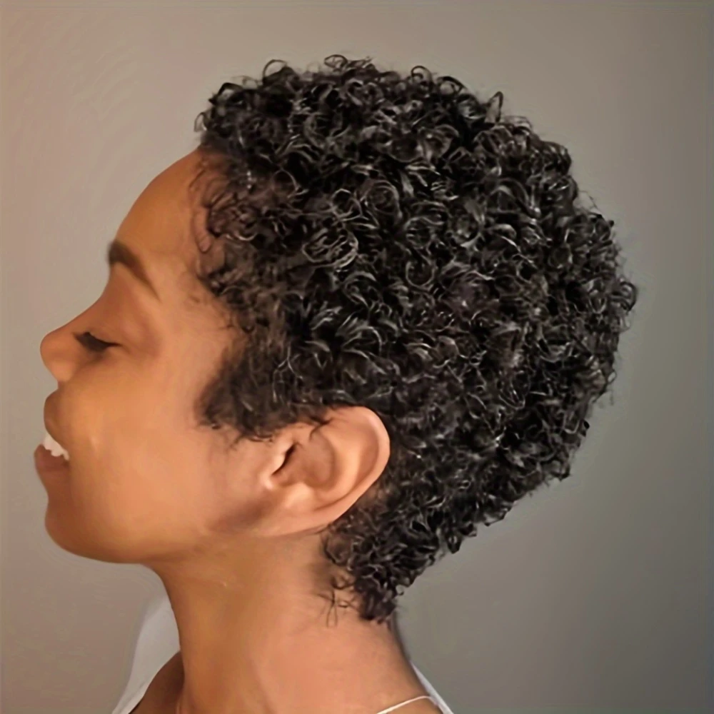 密度150% 4インチ フルマシンメイド ショートアフロカーリー人毛ウィッグ アフロショートウィッグ 女性用ピクシーカット人毛ウィッグ