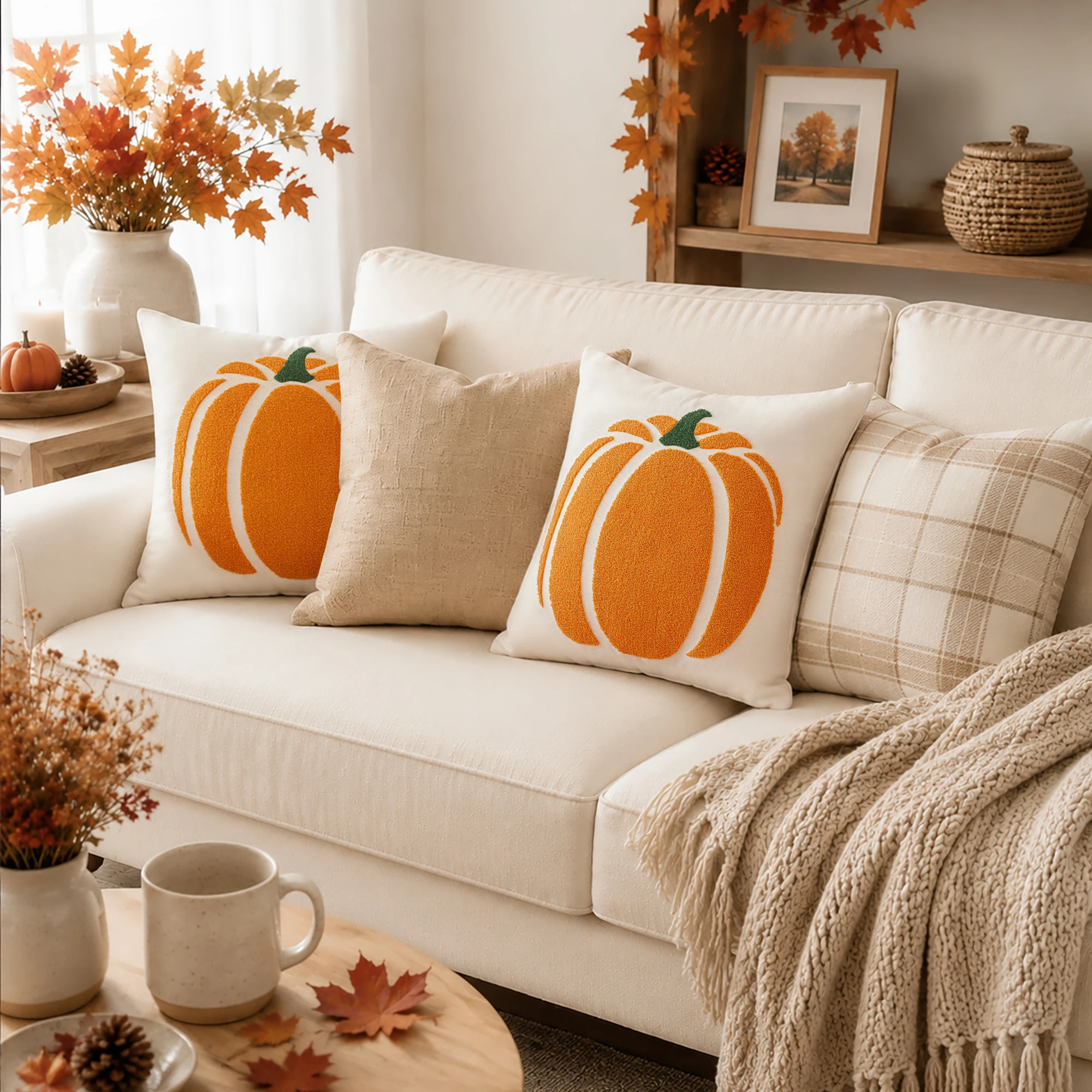 Set of 2, Velvet Embroidered Pumpkin Pattern Autumn Decorative Pillow Covers, with Invisible Zipper, Suitable for Bedroom, Living Room, Sofa, Pillow Inserts Not Included