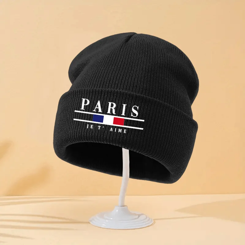 

Minimalist Fashion Paris Letter Print Winter Warm Knitted Hat Unisex Outdoor Trendy Cold-Proof Knitted Hat