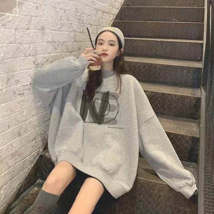 Gray Round Neck Pullover Sweatshirt Korean Style Women Thickened Sweatshirt 2024 Autumn Winter New High Street Fashion Brand Top