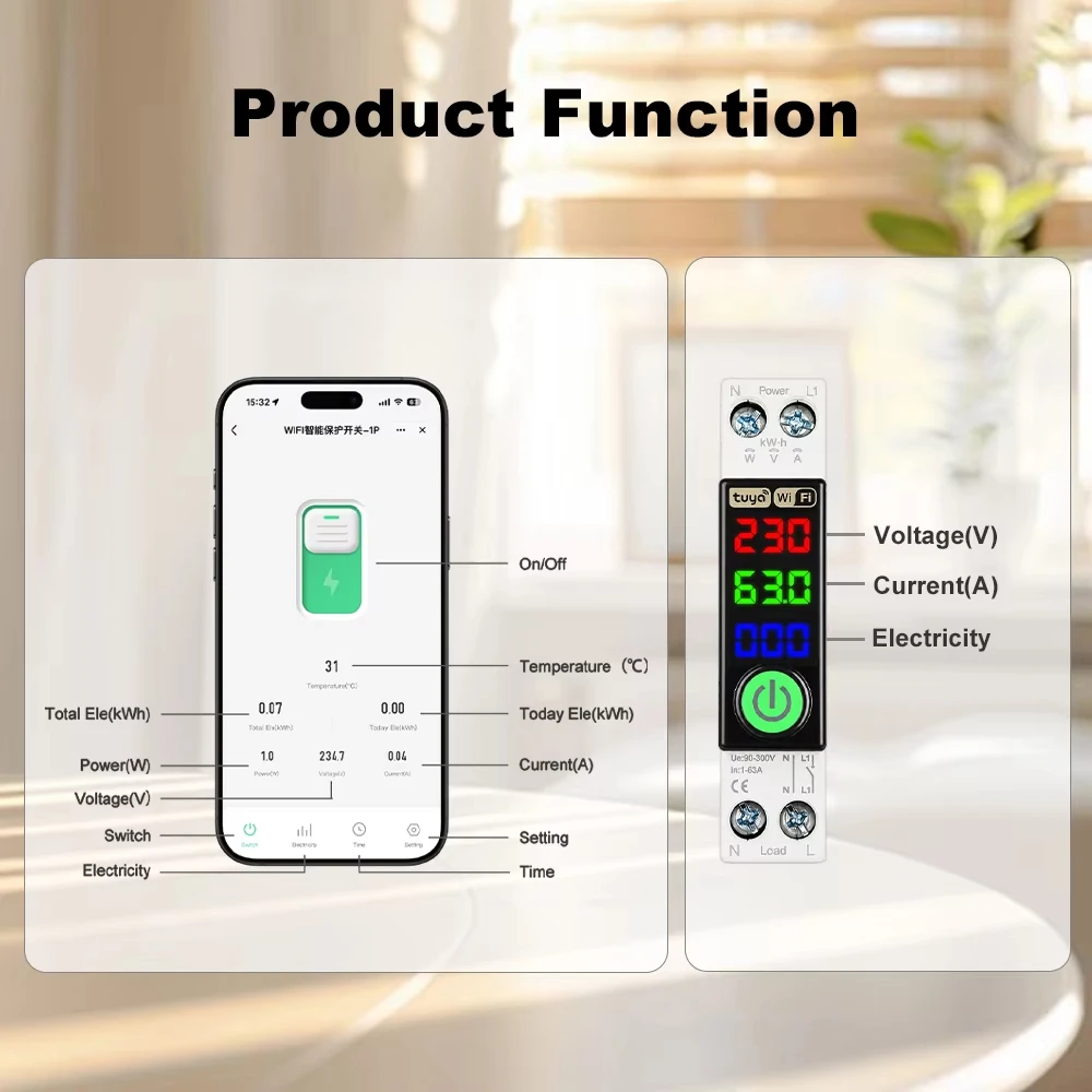 WiFi Smart Circuit Breaker 1P+N 63A Din Rail Switch With LED Metering Display Smart Breaker Voice Control Work with  Tuya Alexa