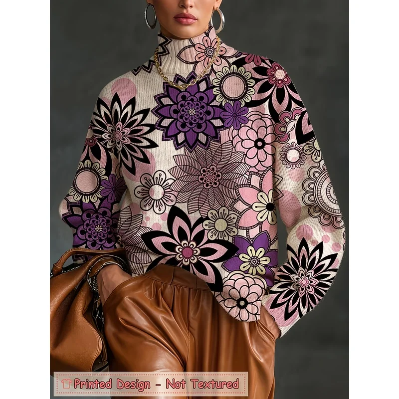High Quality Women Turtleneck Knit Sweater Purple Floral Print Long Sleeve Warm Autumn Winter Casual Fashion Jumper Top Wear