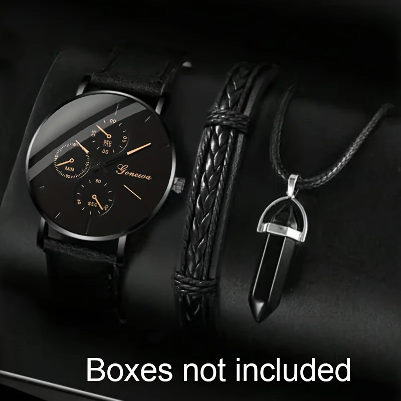 ساعة كوارتز ترفيهية للرجال ، ساعة معصم جلد صناعي تناظرية ، مجموعة مجوهرات ، 3 في كل مجموعة