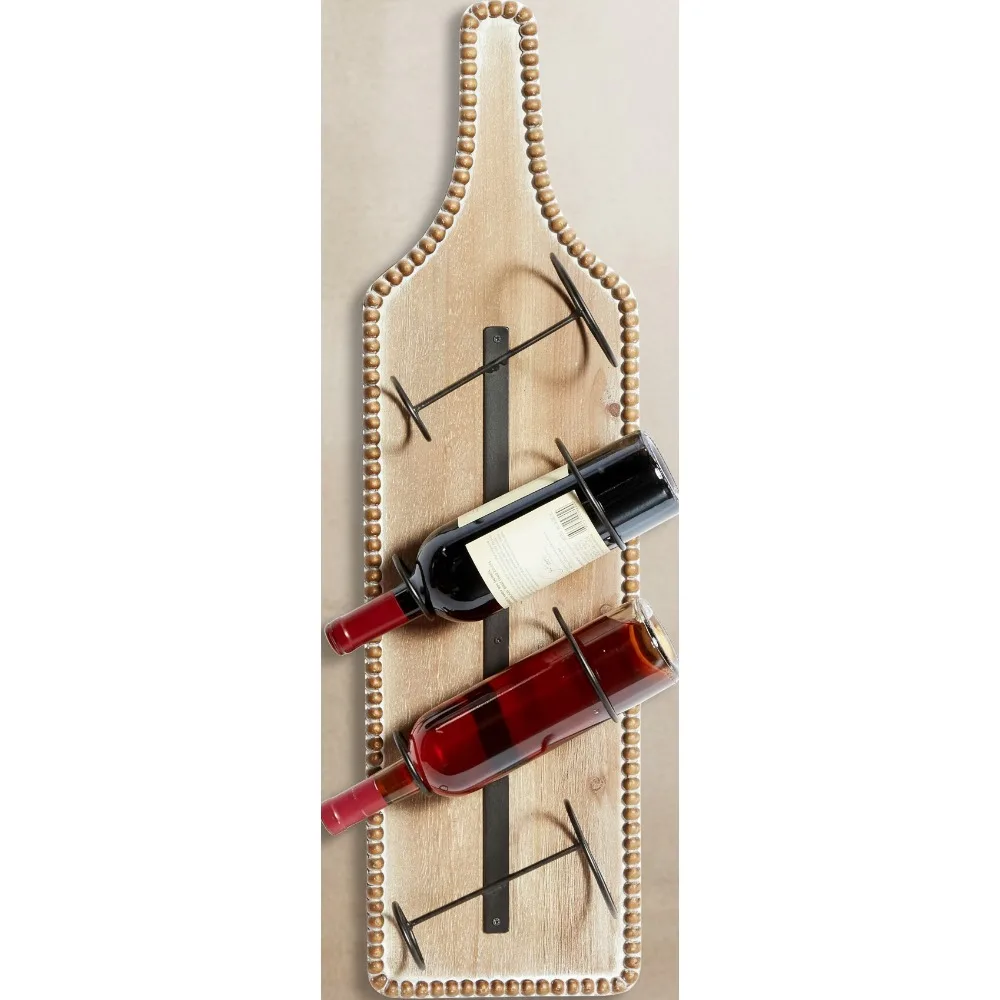 

Настенная винная полка из дерева в деревенском стиле с рамой из бисера, коричневая потертая отделка, вмещает 4 бутылки, декор фермерского дома