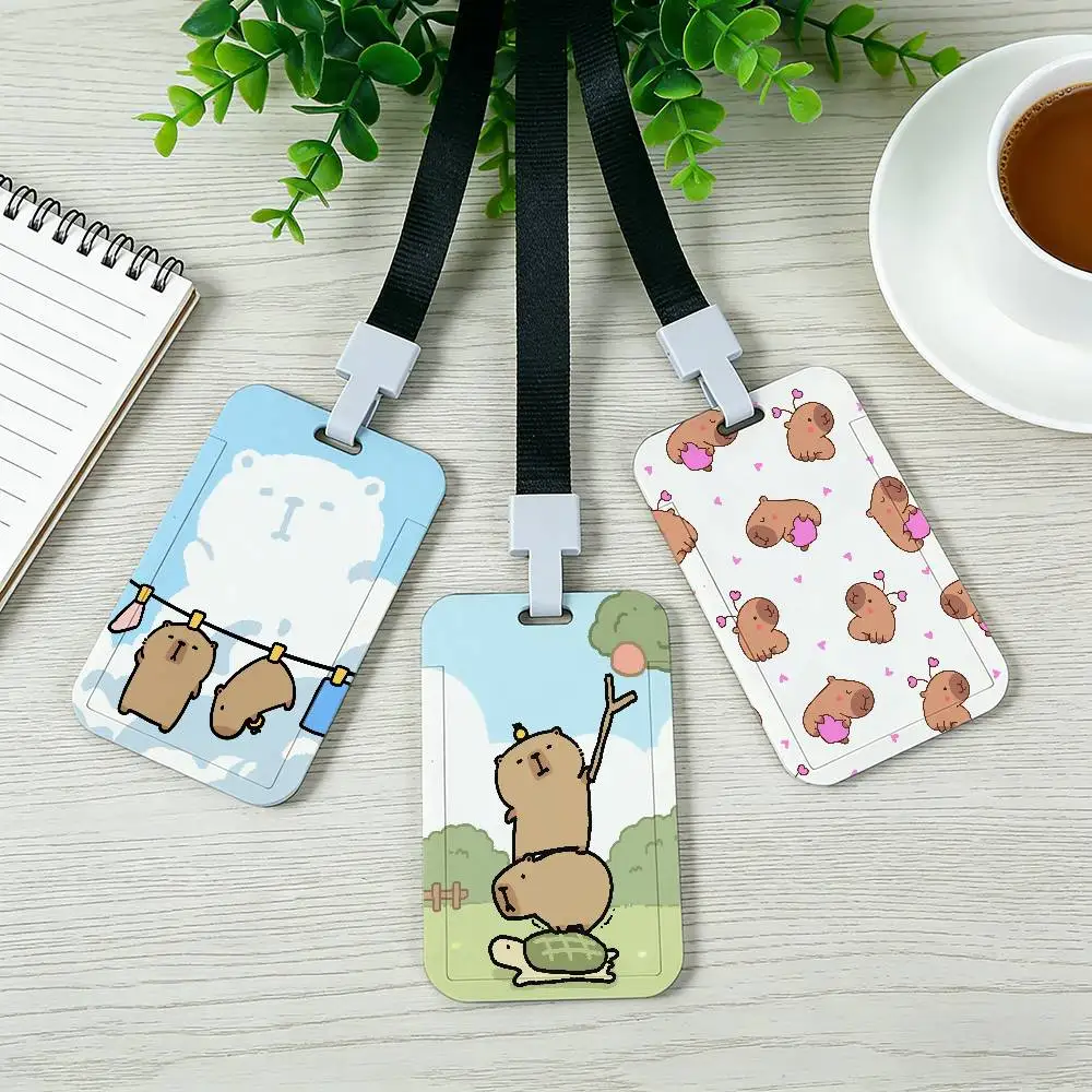 Cute Cartoon Capybara Neck Strap Lanyard Card Holder ID Bus Card Cover Badge Holder Pass Hang Rope Lariat Gifts Keys Accessories