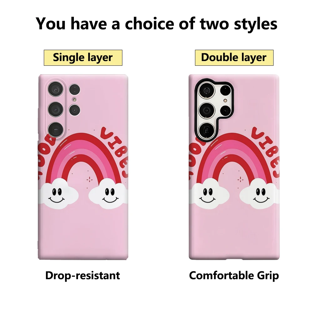حافظة هاتف Good Vibes Rainbow لهاتف سامسونج جالاكسي S25 Ultra S24 S23 Ultra Plus غطاء خلفي لامع بطبقة مزدوجة