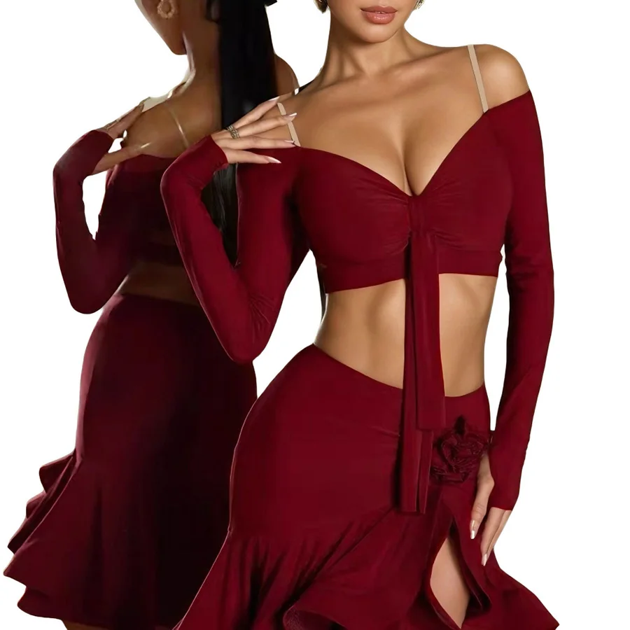 

Kids Latin Dance Costume Set Long Sleeve Crop Top & Ruffle Skirt for Girls Cha Cha Salsa Ballroom Training