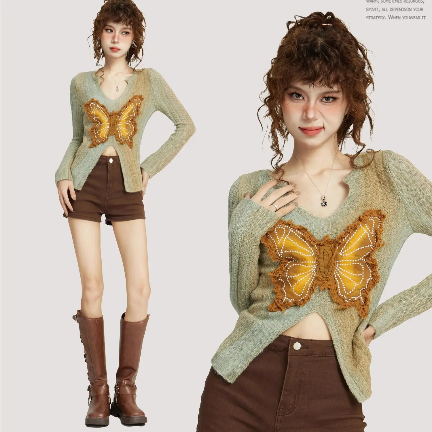 

Green V-neck Long-sleeved Sweater for Women Spring Niche Design Outerwear Pullover Knitted Top