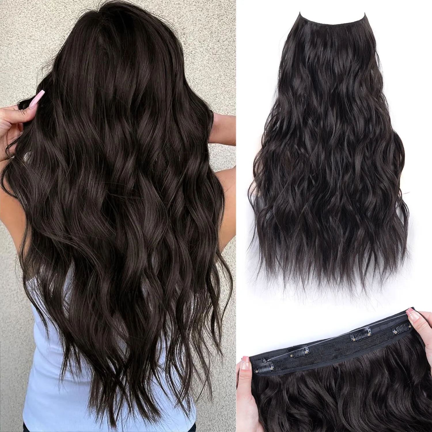 Synthetic Wave Invisible 4 Clip in Hair Extensions Fish Line Mixed Natural Black Blonde One Piece Hairpiece Fake Hair Piece