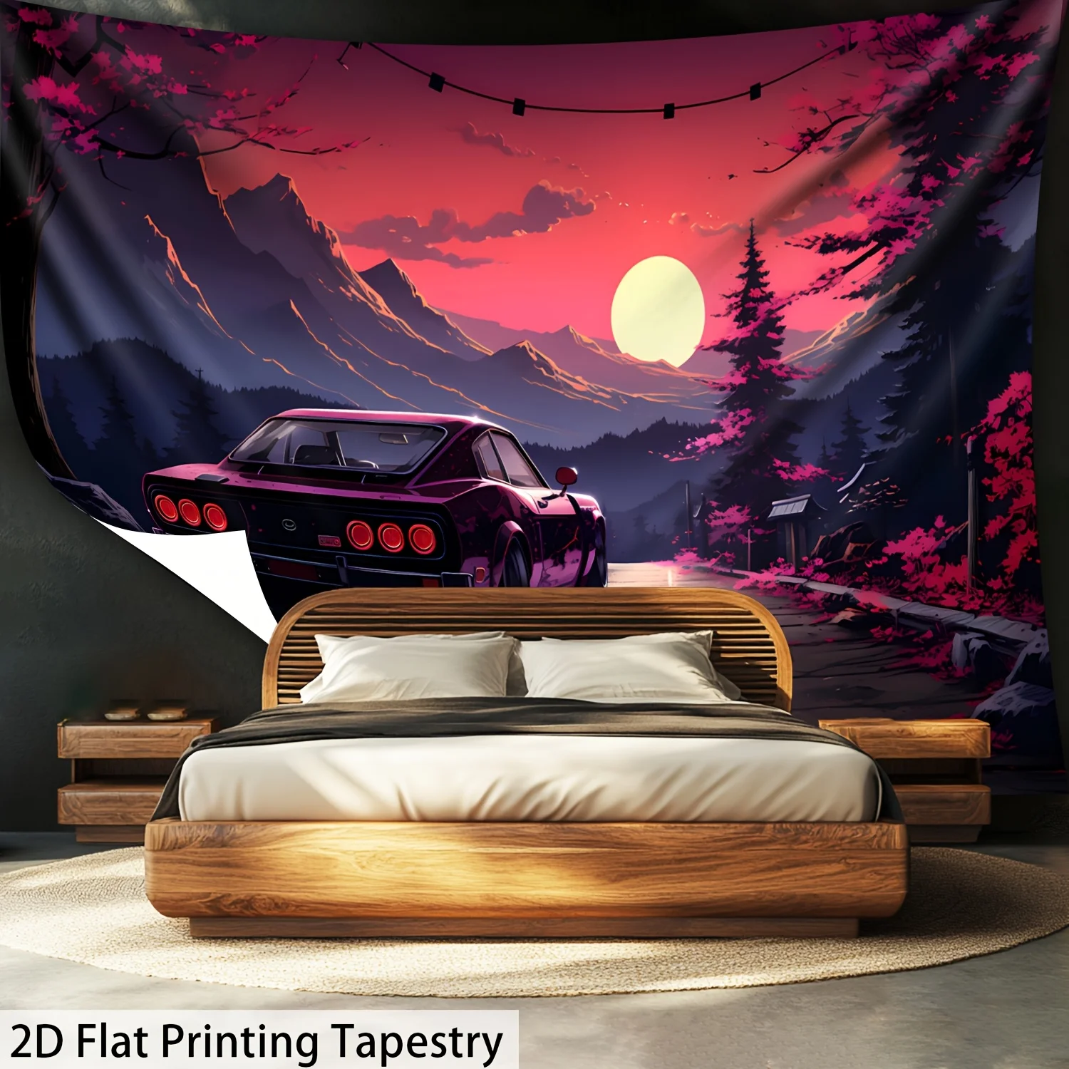 Japanese Sunset Mountain Tapestry, HD Cherry Blossom Tree Wall Decor for Home and Living Room Backdrop