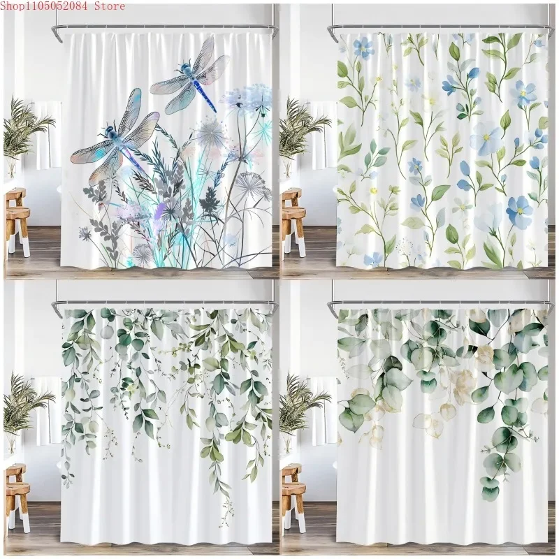 Watercolor Dragonfly Wildflower Eucalyptus Leaf Print Waterproof Fabric Shower Curtain For Bathroom Decor