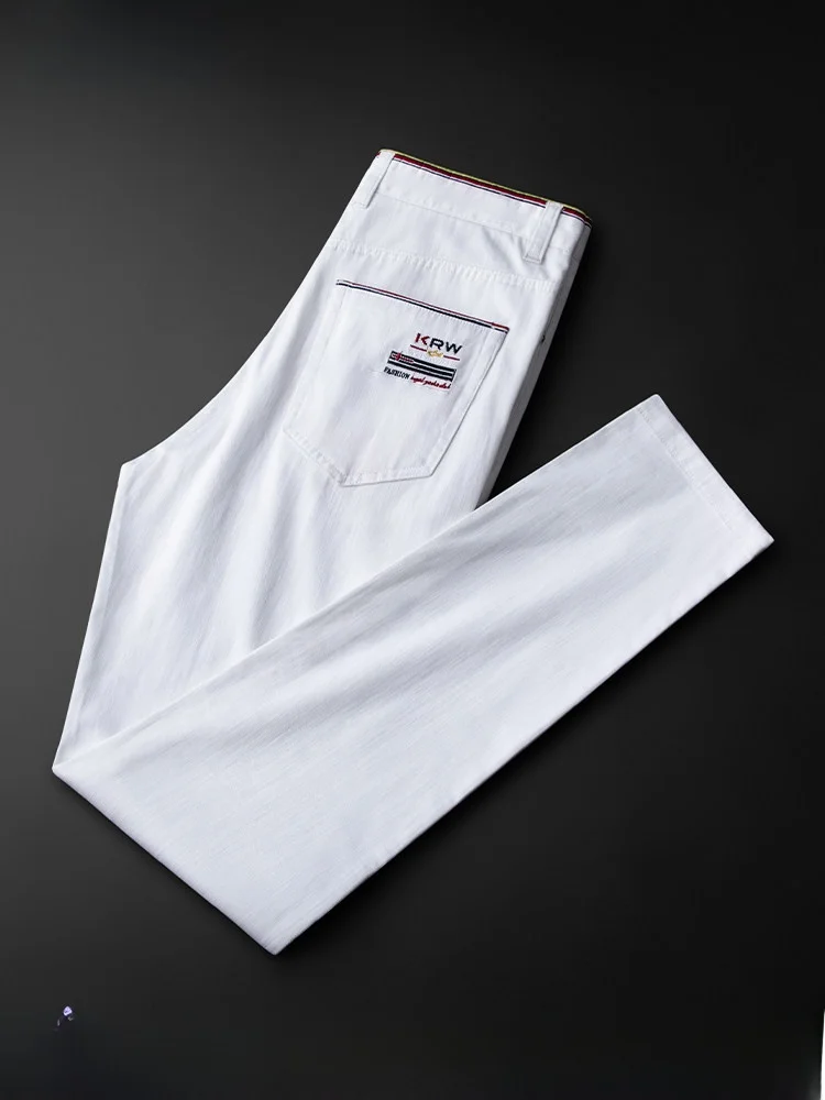 

Мужские летние тонкие джинсы Slim Fit: комфортные, дышащие, повседневные белые брюки с вышивкой, модные городские, со средней посадкой, на молнии