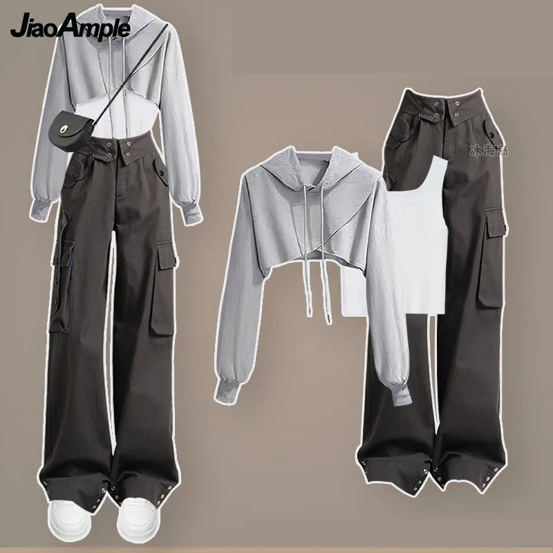 Women\'s 2024 Autumn/Winter New Fashion Hoodie Top+Strap+Casual Cargo Pants 3-Piece Suit Korean Elegant Tracksuit Matching Set