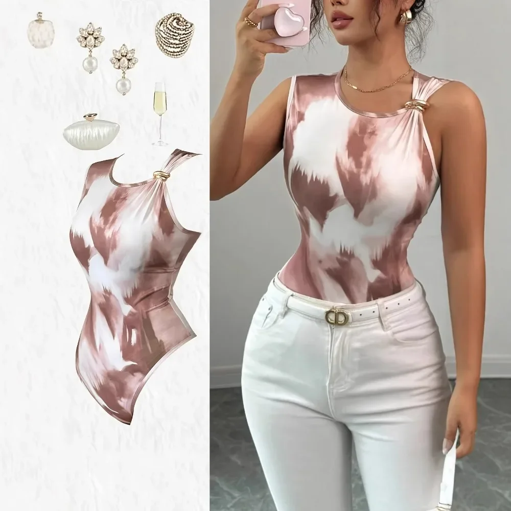 Women Tie Dye Print Sleeveless Bodysuit Metal Buckle Slim Fit Streetwear Chic Ladies One Piece Top
