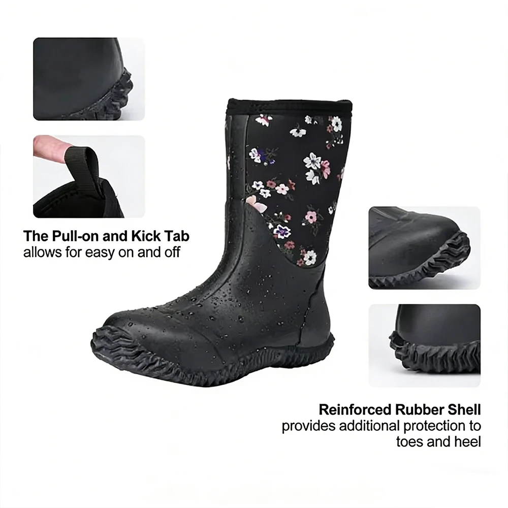 Tactical Rubber Boots Women's Mid-Calf Non-Slip Waterproof Wear-Resistant Rain Boots for Fishing Camping Farming Gardening