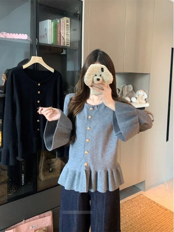 

plus Size Women's round Neck Knitwear Ruffle Hem Conceal Meat Slimming Top Korean Style Super Soft Long Sleeve Sweater