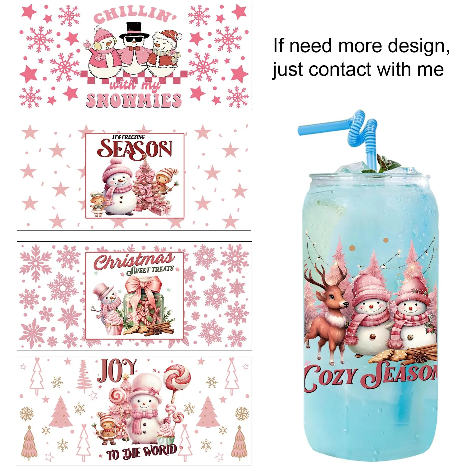 30 Style Pink Cozy Merry Christmas waterproof Party DIY Decals 3D transfers uvdtf tumbler stickers 16oz uv dtf cup wraps