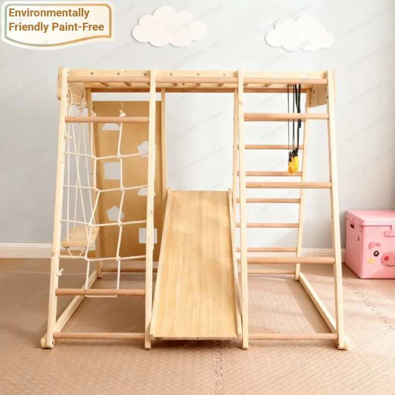Multifunctional Solid Wood Climbing Frame, Indoor Swing & Slide Combination for Kids Home Playground