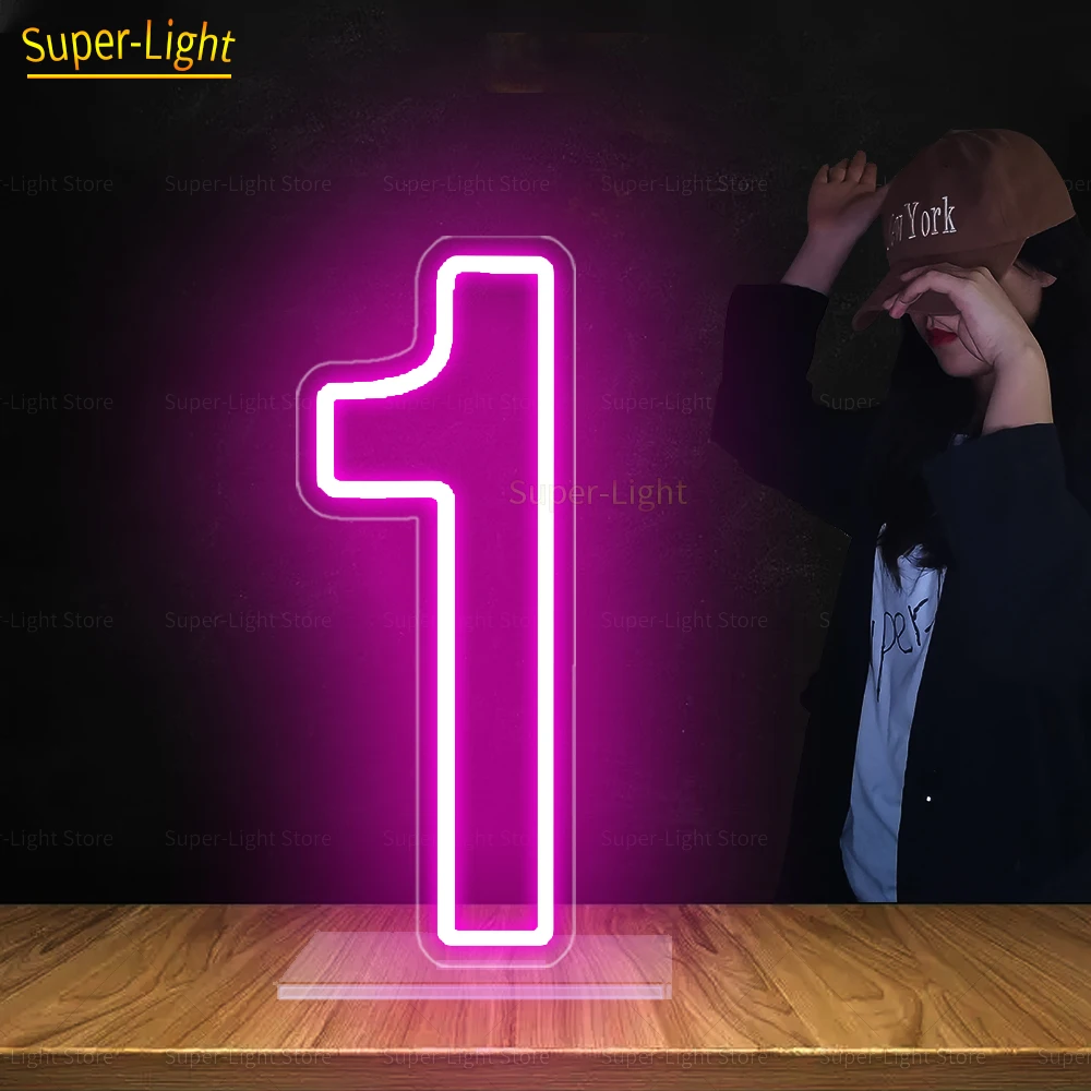 LED Pink Light Number 1 Neon Signs With Base and Chain,Numbers Light Up Signs for Birthday Wedding Party Decor 1st Birthday Gift