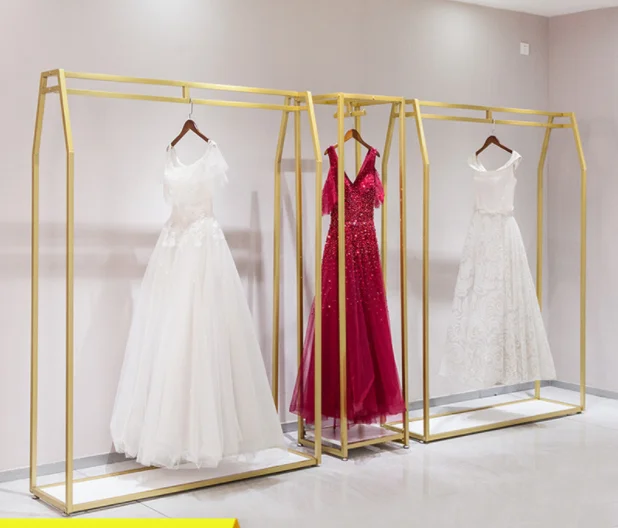 

Wedding dress shop dedicated wedding display stand golden photo studio floor hanging wedding dress rack hanger