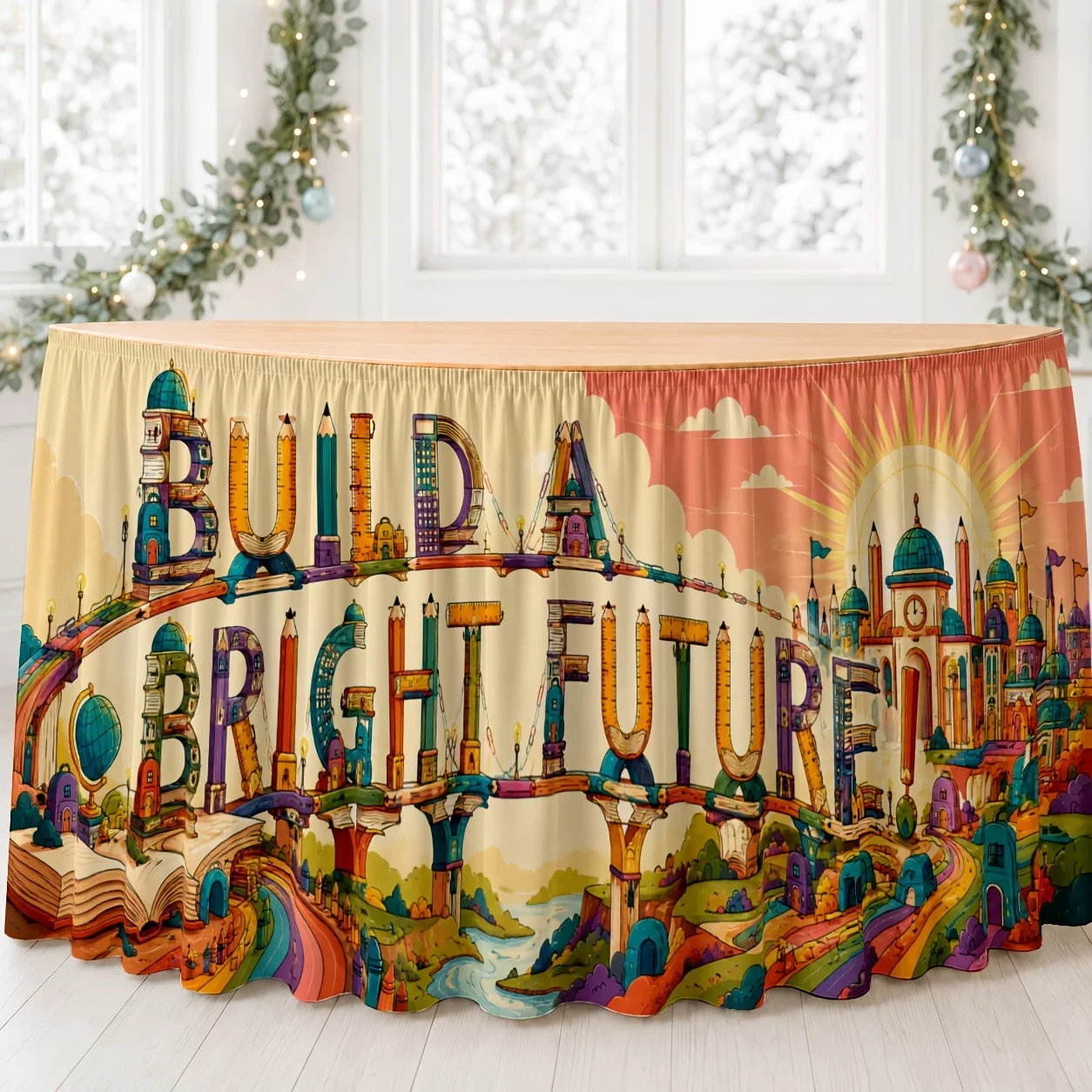 One table skirt. A polyester table skirt that creates a bright future. Vibrant colors, full of imagination.