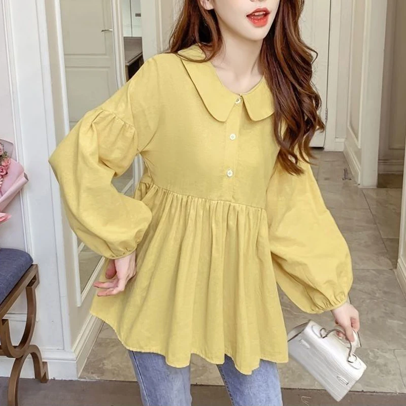 Ruffle Kawaii Sweet Peter Pan Collar Loose Tops Blouses for Women 2023 Spring Autumn New Korean Fashion Solid Long Sleeve Shirts