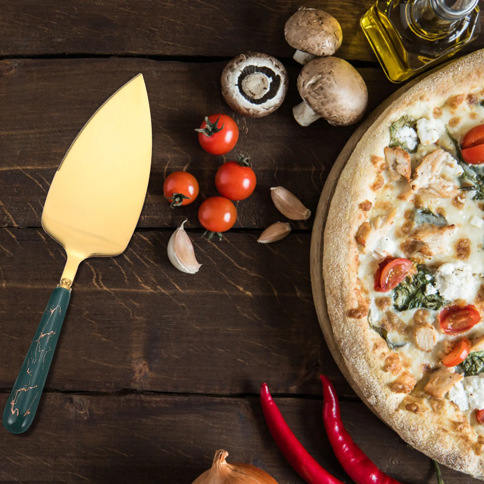 

Stainless Steel Cake Spatula Green Gold Serrated Shovel Cutting Tool Ceramic H Pizza Steak Multi Functional