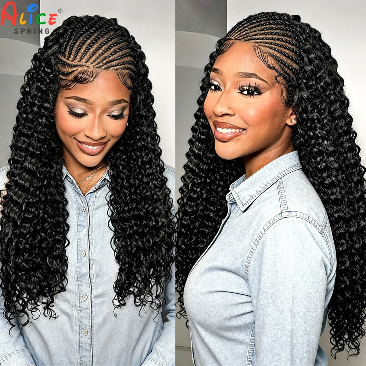 26inch Synthetic Cornrow Braided Wigs 13x4 Lace Frontal Deep Wave Curly Braiding Hair Wigs with Baby Hair for Black Women
