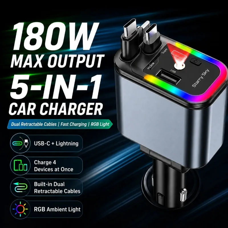 180W Car Charger with Retractable USB C Lightning Cables 5 in 1 Fast Charging 4 Devices RGB Light 180 Degree Adjustable