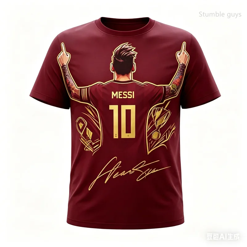 Sommer Herren Retro Kinder Jungen Messi Fußball Kunst Bedrucktes Kurzarm-T-Shirt Lässiges Sport-Trikot Streetwear