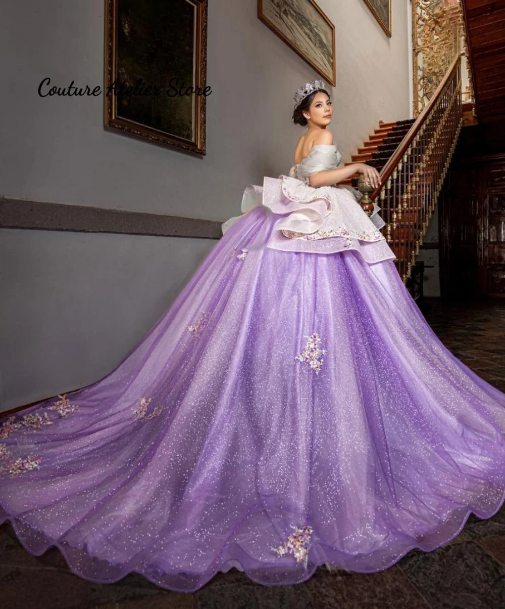 

Princess Lavender Quinceanera Dresses for Girl Ruched Appliques Off the Shoulder Velvet Robe Princesse Bleu Femm Customized