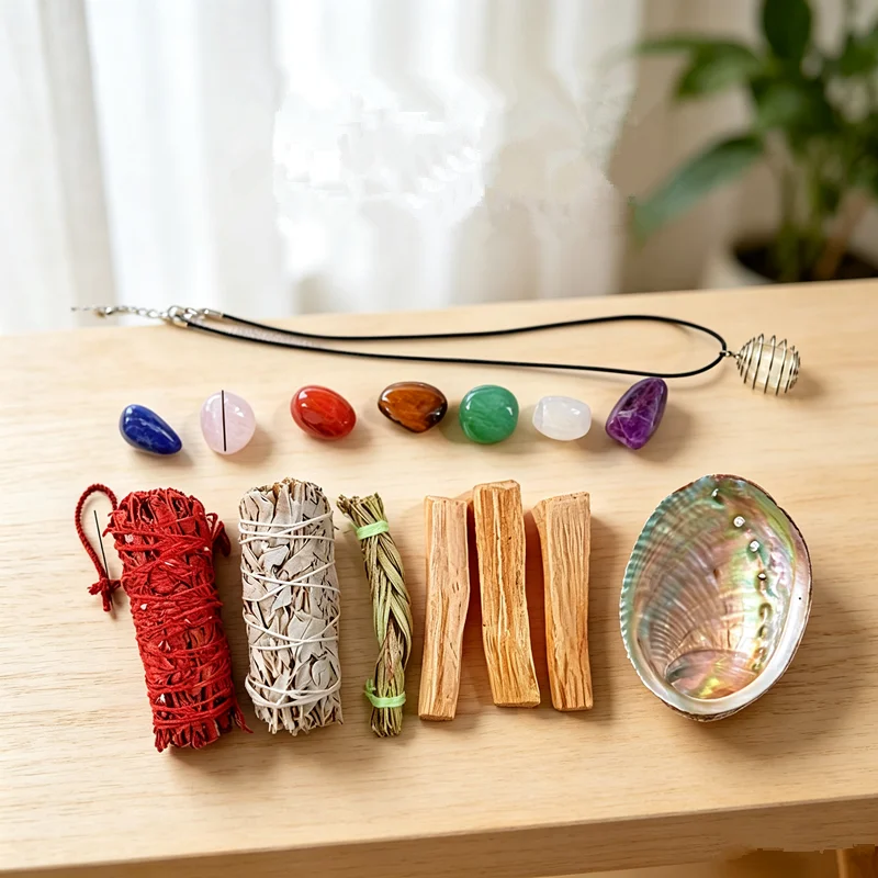 Home Aromatherapy Kit with White Sage Palo Santo Sticks 7 Crystal Stones with Pendant 7 Replaceable Crystal Stones into Pendant Total 15 Pieces Set