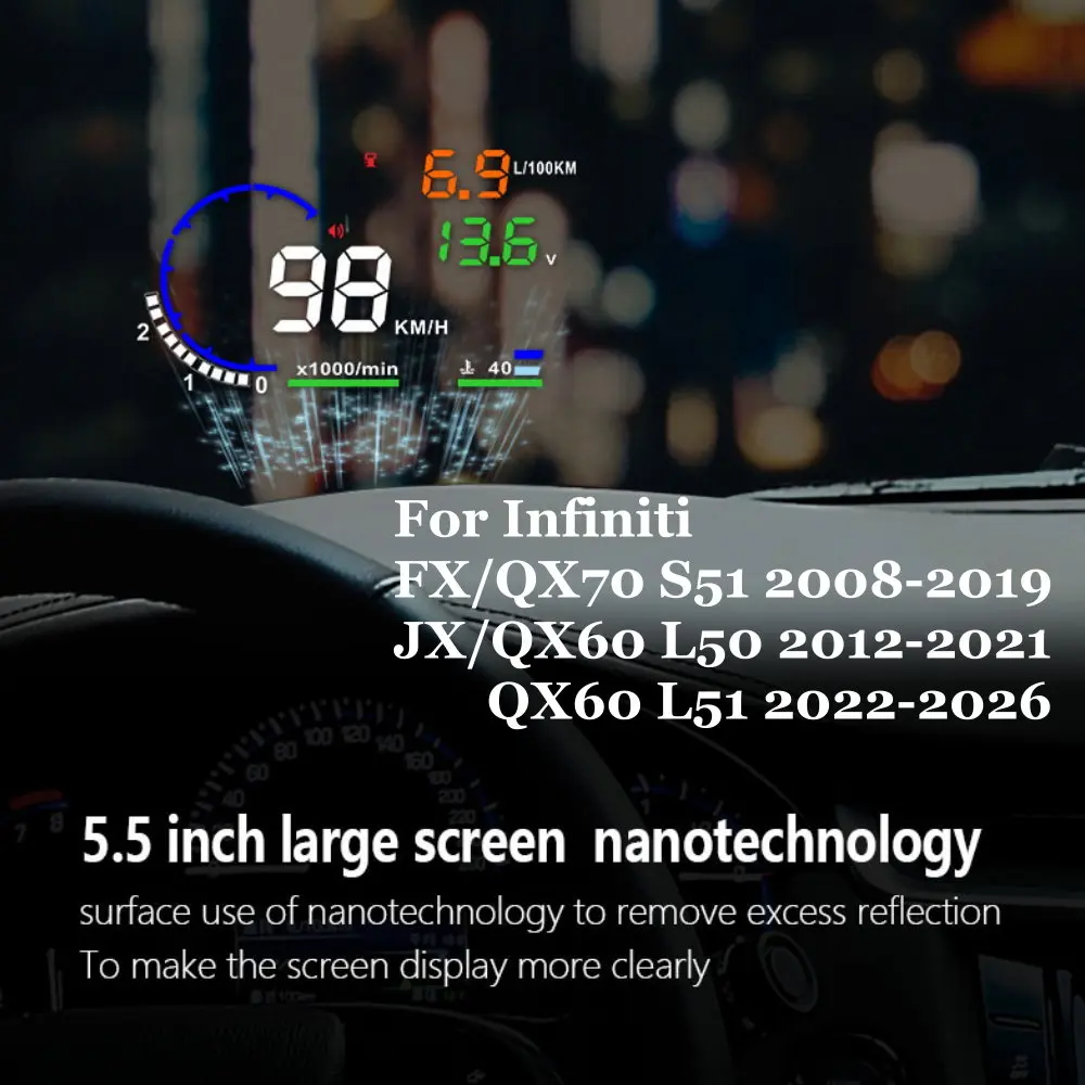 Car HUD Head Up Display LED Windshield Projection For Infiniti FX/QX70 S51 2008-2019 JX/QX60 L50 2012-2021 L51 2022-2026