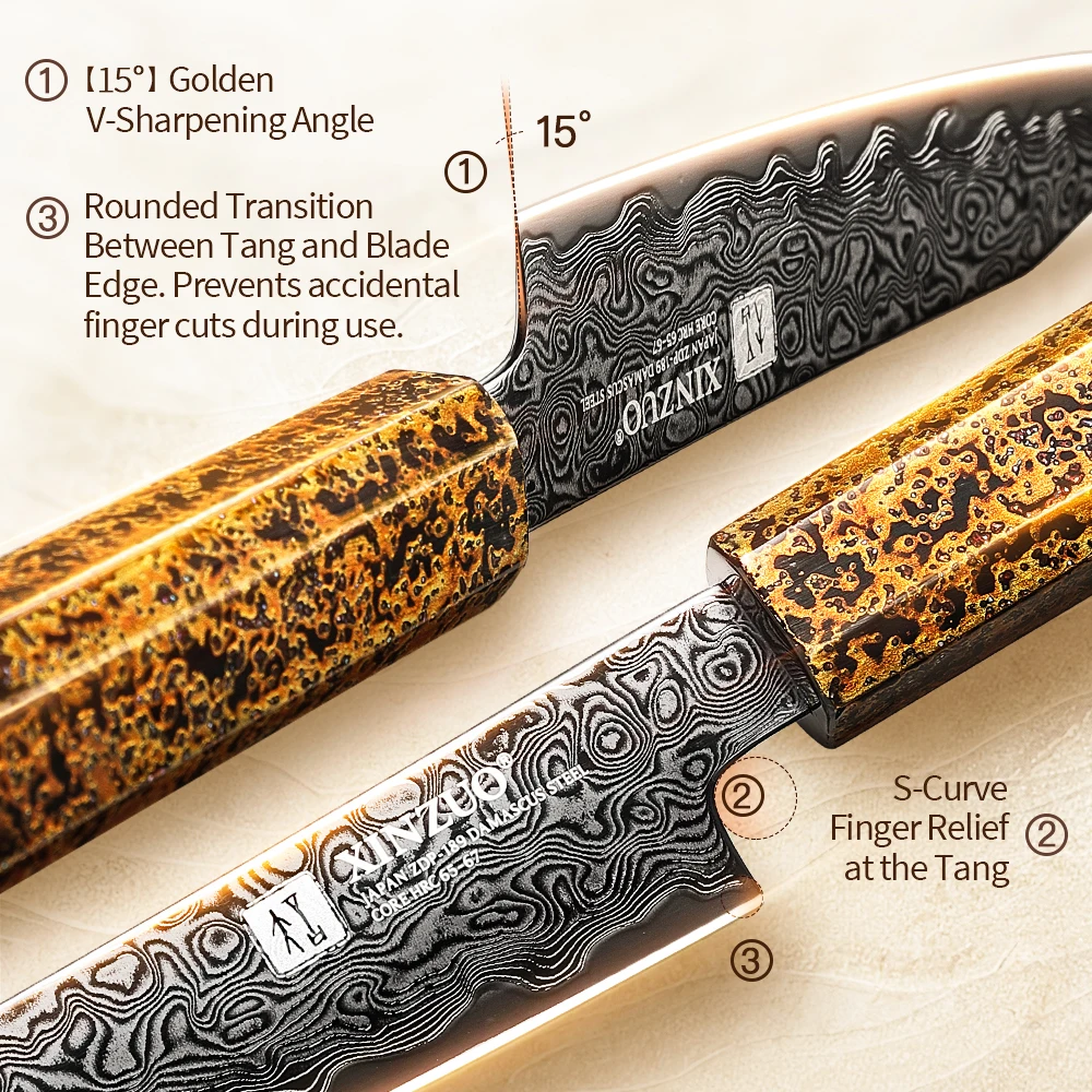 XINZUO 5.2 Inches Utility Knife with Wood Box 49-Layer Damascus Steel Japanese Style All-Purpose Kitchen Knife for Daily Cooking