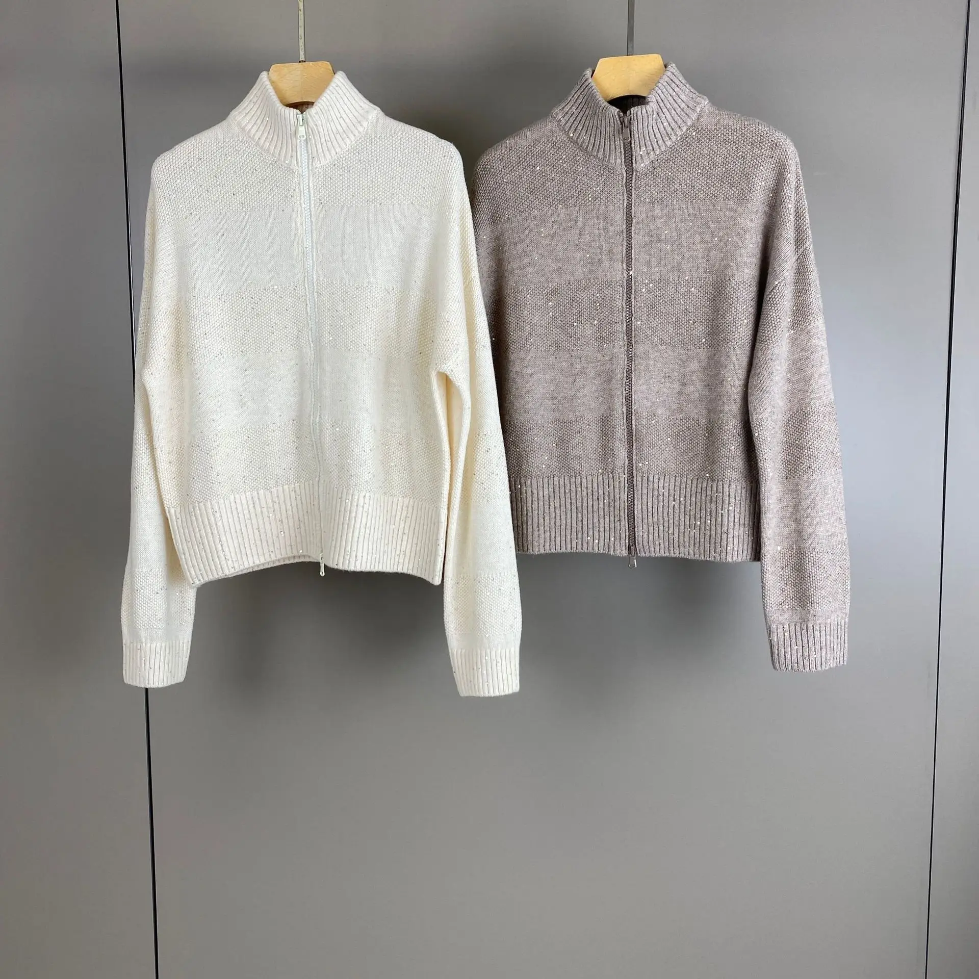 Women's 2026 Autumn Winter New Stand-up Collar Cashmere Wool Sequin Knitted Cardigan Jacket