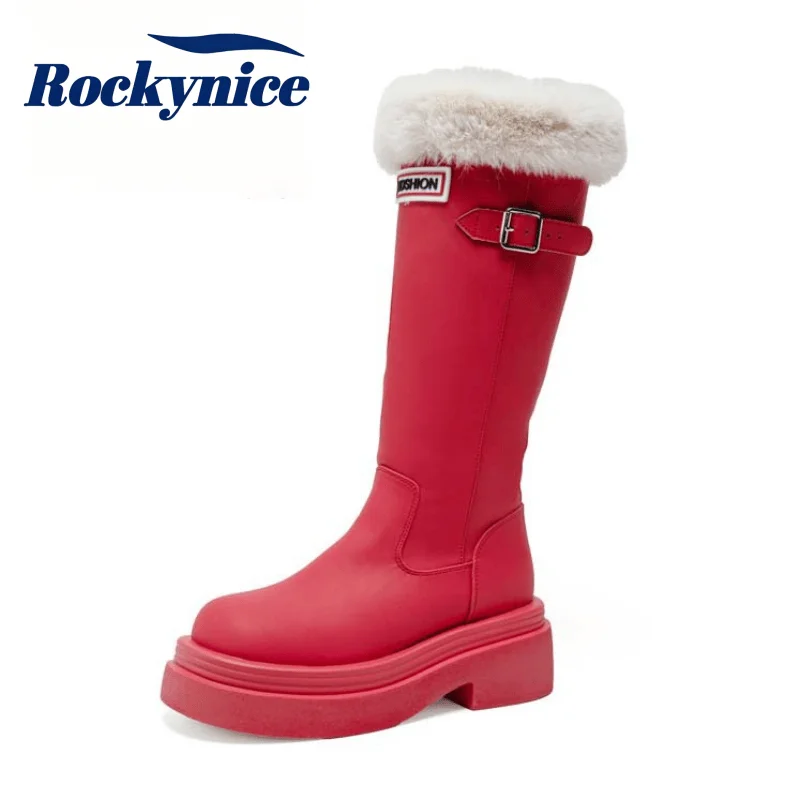 Women Outdoor Knee‑High Waterproof Rain Boots Winter Warm Fur Snow Boots Buckle Rubber Sole Leather Shoes Non‑Slip Knight Boots