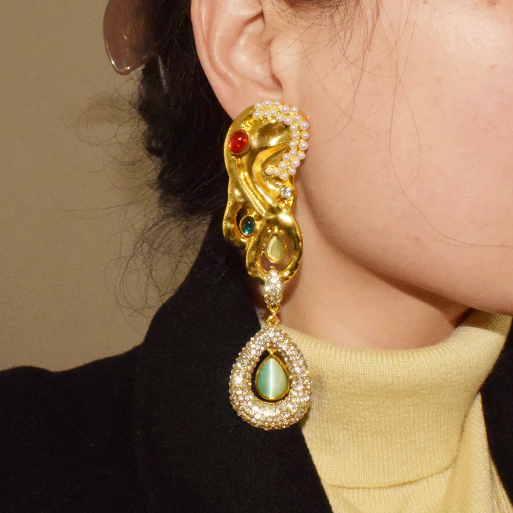 Damen Vintage Ethnische Strass-Ohrringe mit Metall-Legierung Große Ohrhänger Schmuck-Accessoire