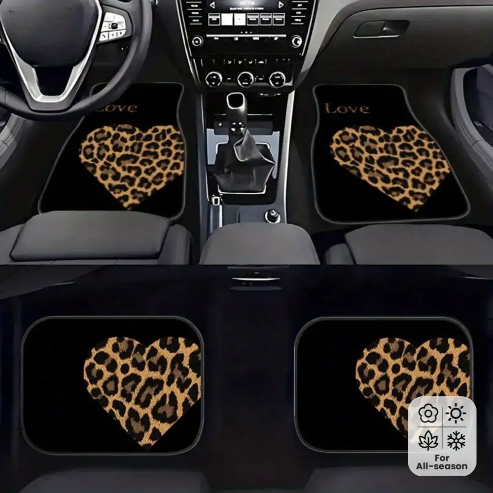 

4pcs heart-patterned leopard print car floor mats, universal floor mats, suitable for all seasons, suitable for all car models